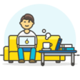 Ilustração de uma pessoa sentada num sofá amarelo, com um computador portátil no colo e uma mesa de café à sua frente com uma caneca quente e uma pilha de livros em cima