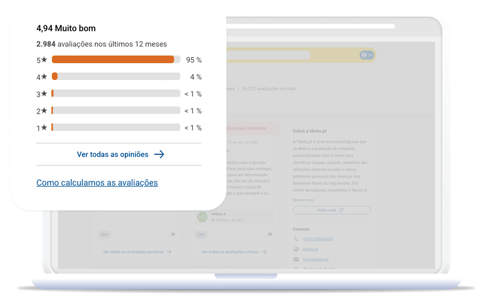 O perfil da loja de um cliente Trusted Shops é apresentado num ecrã de computador portátil com a visão geral das avaliações.