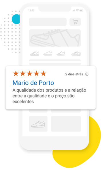 Uma avaliação exemplar de uma consumidora é mostrada num dispositivo smartphone.