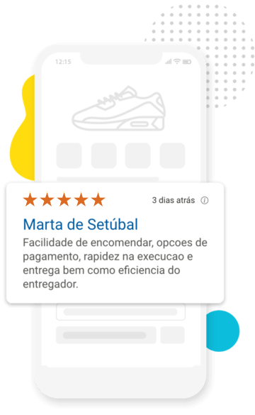 Uma avaliação exemplar de uma consumidora é mostrada num dispositivo smartphone.