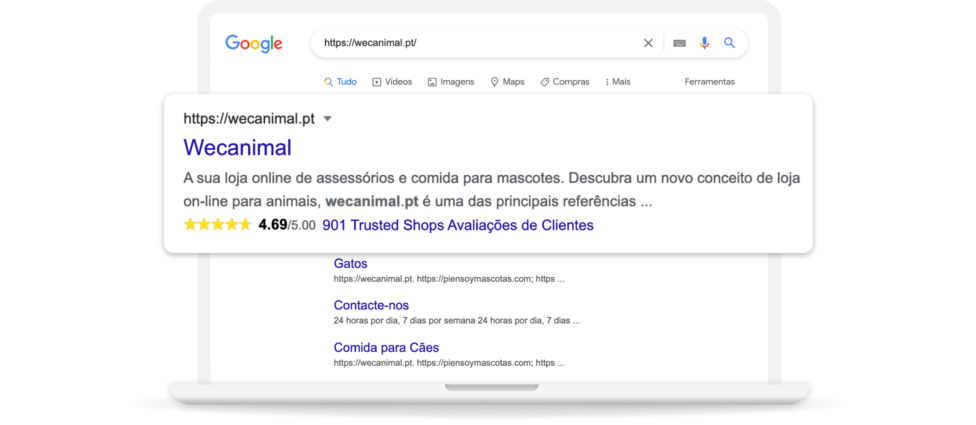 Um computador portátil com um ecrã da pesquisa do Google, no qual é mostrado como funciona a extensão do navegador Trusted Shops.